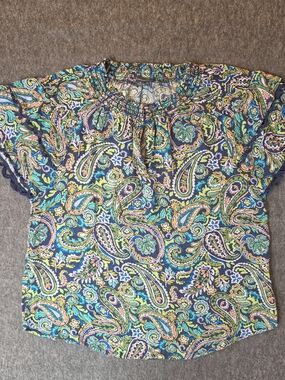 Democracy Navy Paisley Short Sleeve Blouse Womans Small Peasant Bohemian Hippie